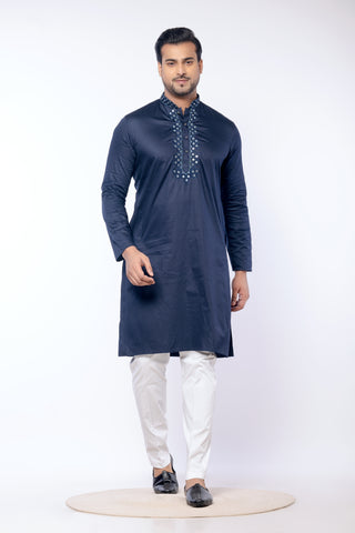Navy Blue Giza Cotton Mirror Work Kurta