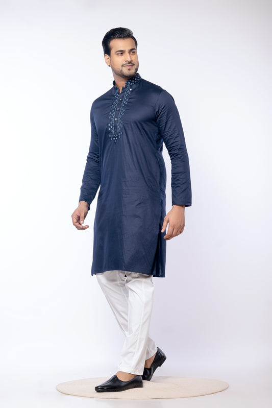 Navy Blue Giza Cotton Mirror Work Kurta