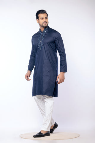 Navy Blue Giza Cotton Mirror Work Kurta