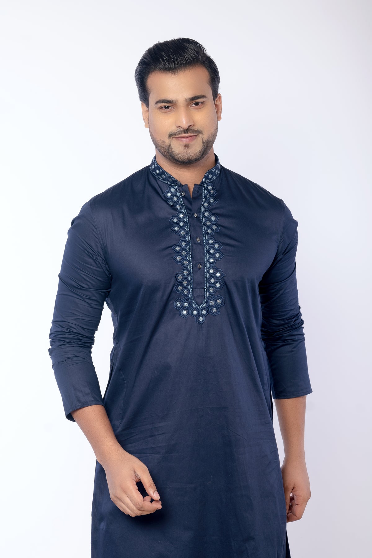 Navy Blue Giza Cotton Mirror Work Kurta