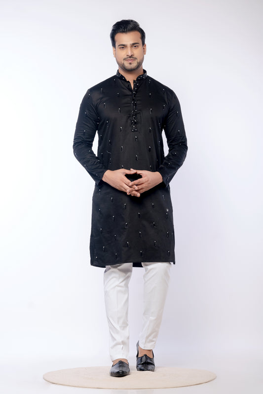Black Giza Cotton Moti Work Kurta