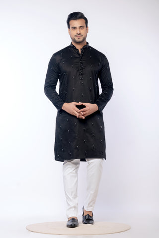 Black Giza Cotton Moti Work Kurta