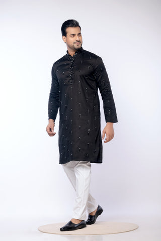 Black Giza Cotton Moti Work Kurta