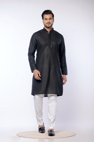 Men's Black Cotton Self Embroidered Kurta