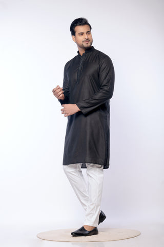Men's Black Cotton Self Embroidered Kurta