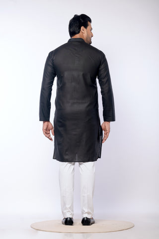 Men's Black Cotton Self Embroidered Kurta