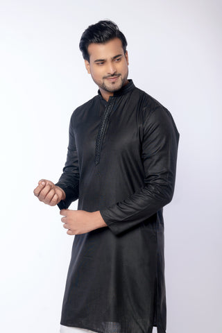 Men's Black Cotton Self Embroidered Kurta