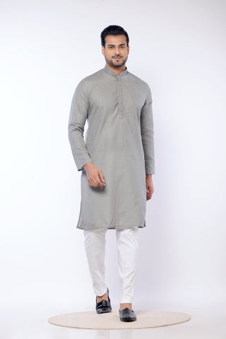 Grey Self Work Cotton Kurta for Men