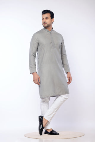 Grey Self Work Cotton Kurta for Men
