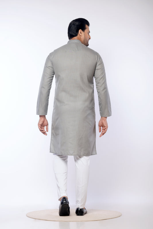 Grey Self Work Cotton Kurta for Men