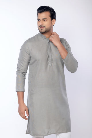 Grey Self Work Cotton Kurta for Men