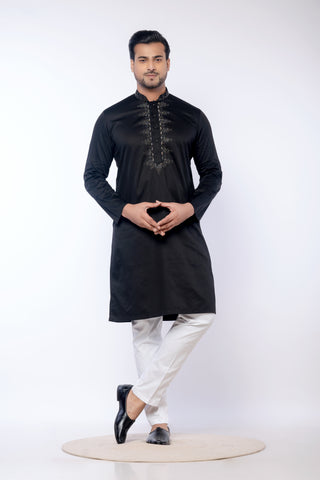 Black Cotton Giza Kurta with Embroidery Detailing
