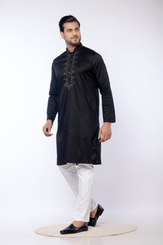 Black Cotton Giza Kurta with Embroidery Detailing