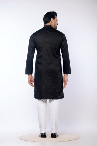 Black Cotton Giza Kurta with Embroidery Detailing