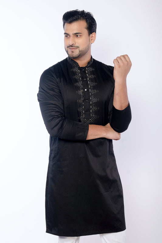 Black Cotton Giza Kurta with Embroidery Detailing