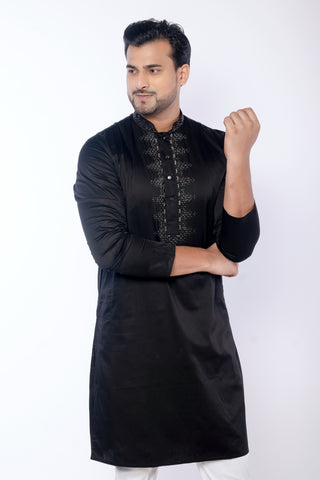 Black Cotton Giza Kurta with Embroidery Detailing
