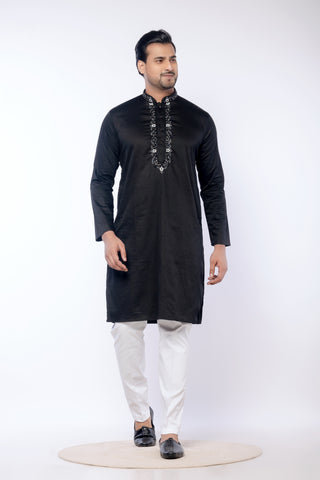 Festive Black Giza Cotton Embroidered Kurta