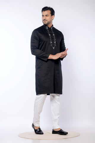 Festive Black Giza Cotton Embroidered Kurta