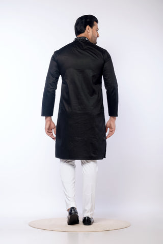 Festive Black Giza Cotton Embroidered Kurta