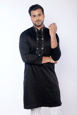 Festive Black Giza Cotton Embroidered Kurta