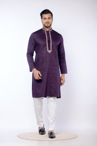 Purple Embroidered Giza Cotton Kurta for Men