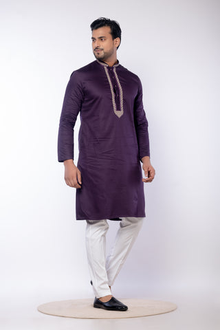 Purple Embroidered Giza Cotton Kurta for Men