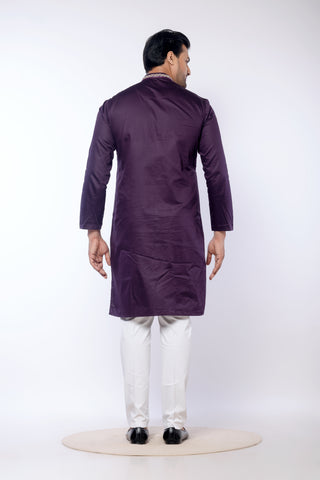 Purple Embroidered Giza Cotton Kurta for Men