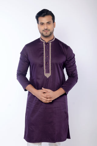 Purple Embroidered Giza Cotton Kurta for Men