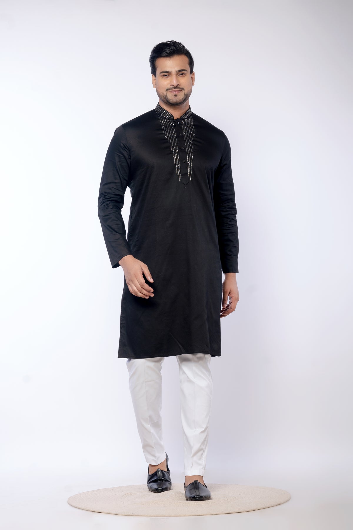 Embroidered Black Giza Cotton Kurta