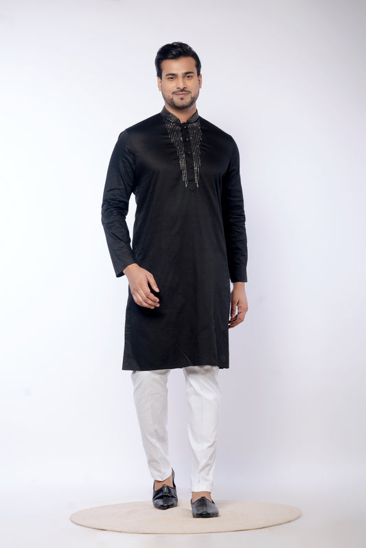 Embroidered Black Giza Cotton Kurta