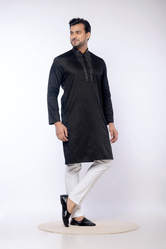 Embroidered Black Giza Cotton Kurta