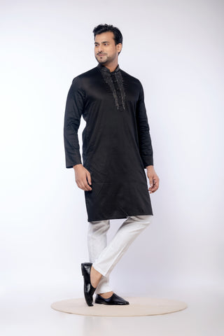 Embroidered Black Giza Cotton Kurta