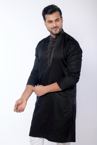 Embroidered Black Giza Cotton Kurta