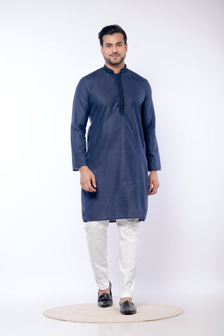 Navy Blue Cotton Self Work Kurta