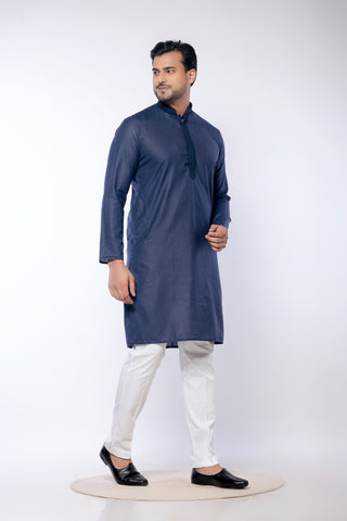 Navy Blue Cotton Self Work Kurta