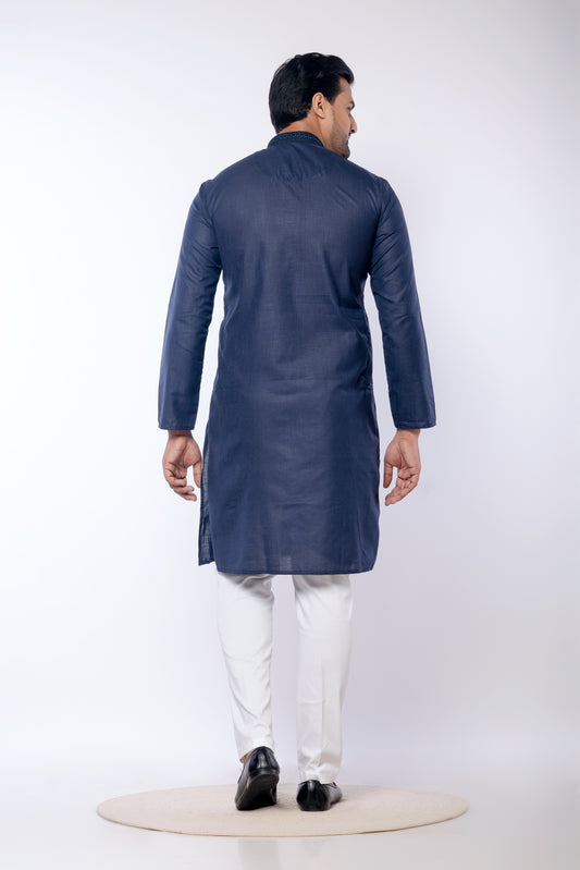 Navy Blue Cotton Self Work Kurta