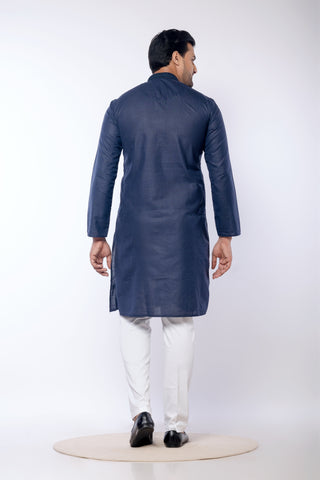 Navy Blue Cotton Self Work Kurta