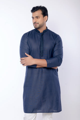 Navy Blue Cotton Self Work Kurta