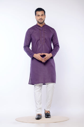 Purple Self Work Cotton Kurta for Men