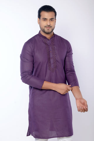 Purple Self Work Cotton Kurta for Men