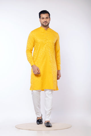 Yellow Giza Cotton Self Print Kurta