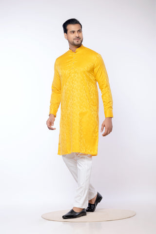 Yellow Giza Cotton Self Print Kurta