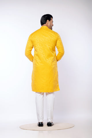 Yellow Giza Cotton Self Print Kurta