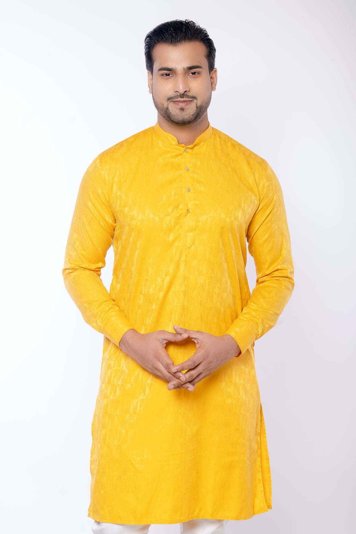 Yellow Giza Cotton Self Print Kurta