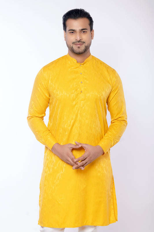 Yellow Giza Cotton Self Print Kurta