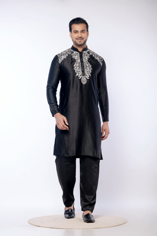 Black Giza Cotton Embroidered Kurta with Pyjama
