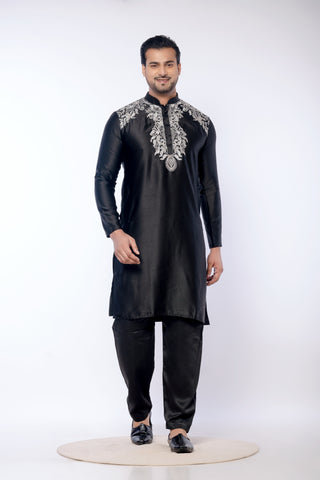 Black Giza Cotton Embroidered Kurta with Pyjama