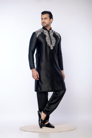 Black Giza Cotton Embroidered Kurta with Pyjama