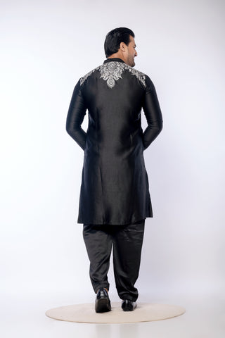 Black Giza Cotton Embroidered Kurta with Pyjama