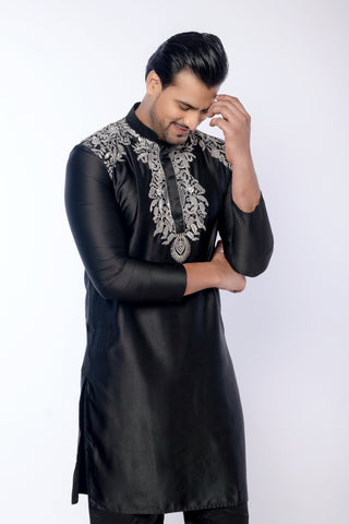 Black Giza Cotton Embroidered Kurta with Pyjama